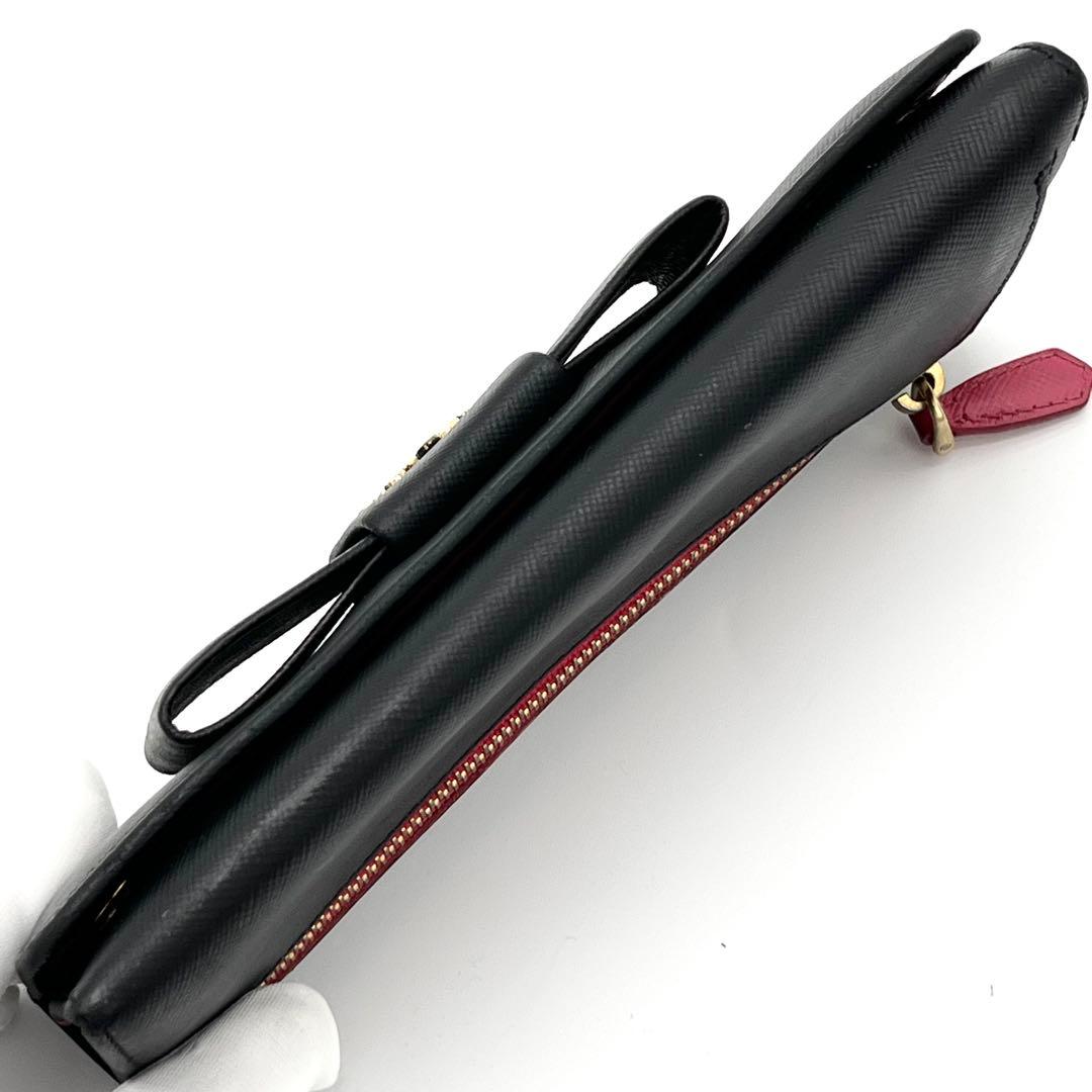 【美品】PRADA 長財布　サフィアーノレザー リボン　バイカラー　黒　ピンク