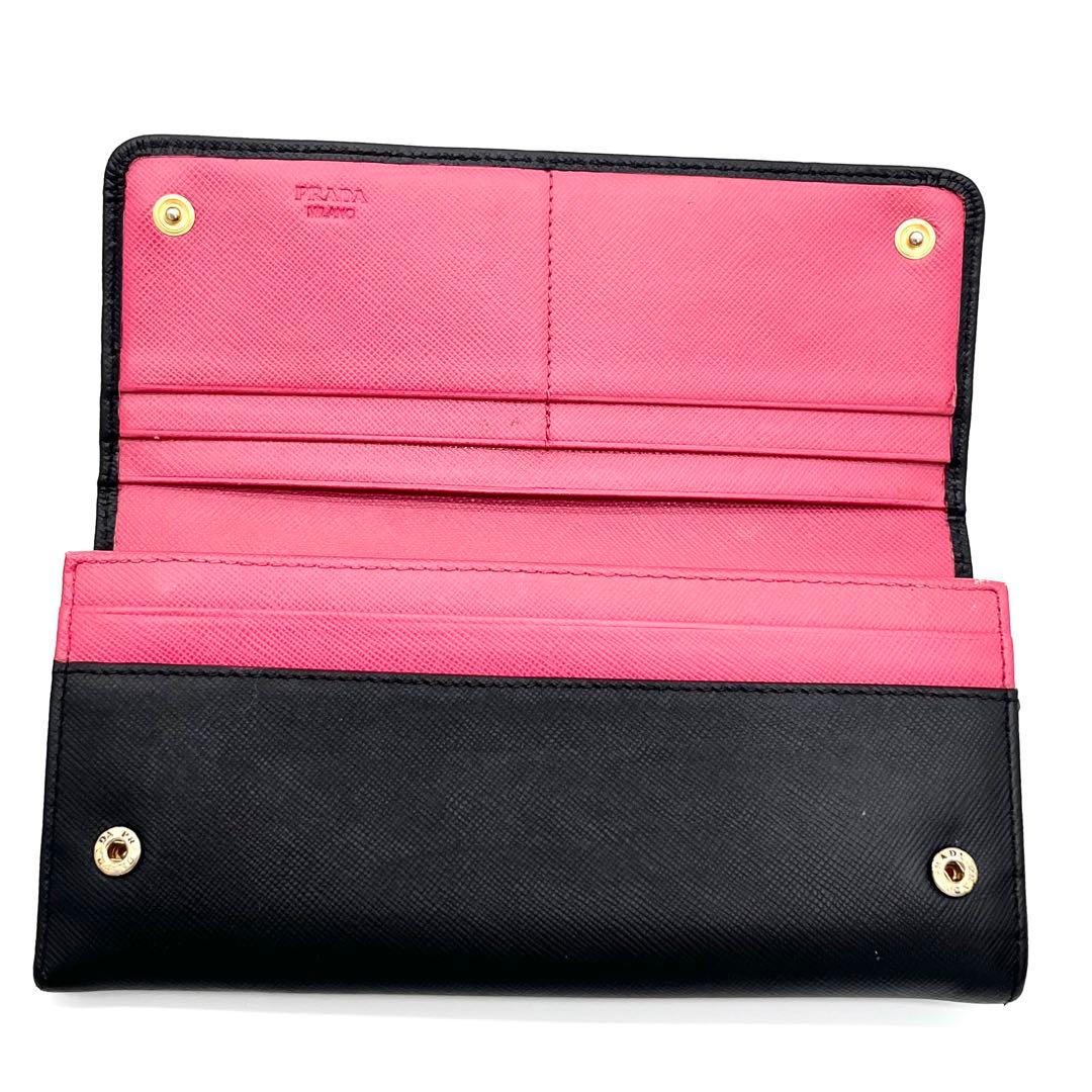 【美品】PRADA 長財布　サフィアーノレザー リボン　バイカラー　黒　ピンク