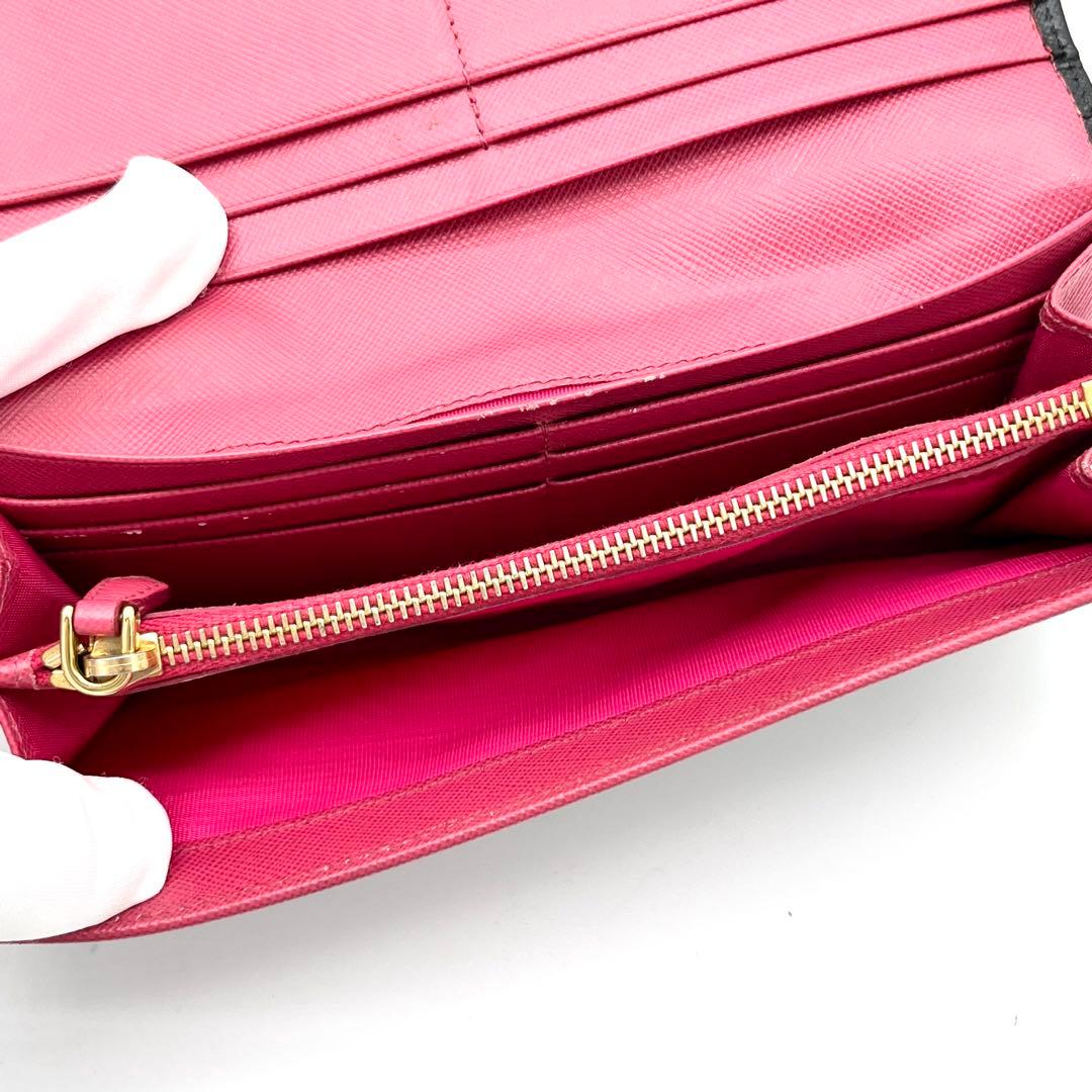 【美品】PRADA 長財布　サフィアーノレザー リボン　バイカラー　黒　ピンク