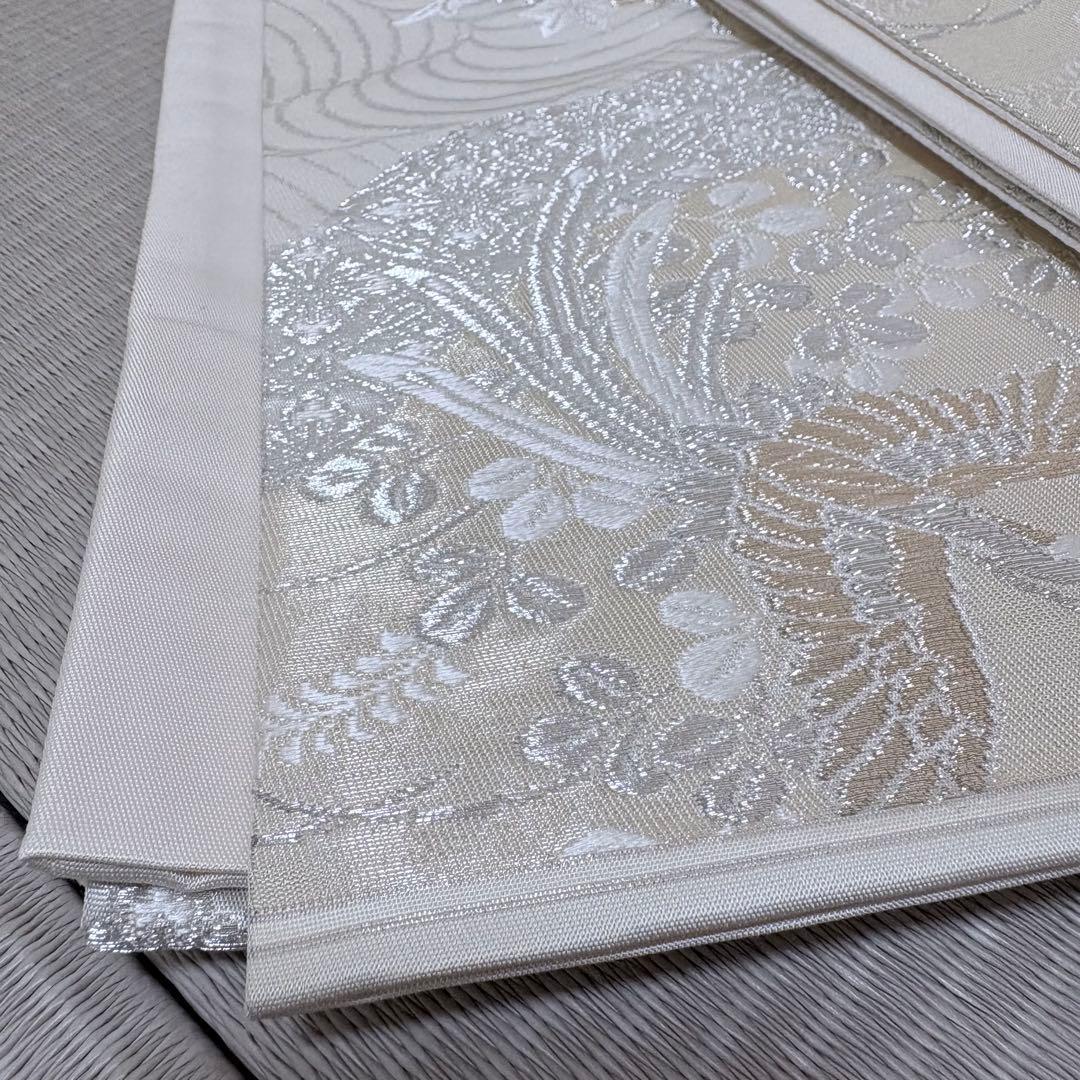 正絹 九寸名古屋帯 鳳凰文 金銀糸 白系 御誂え 礼装 フォーマル 約440cm