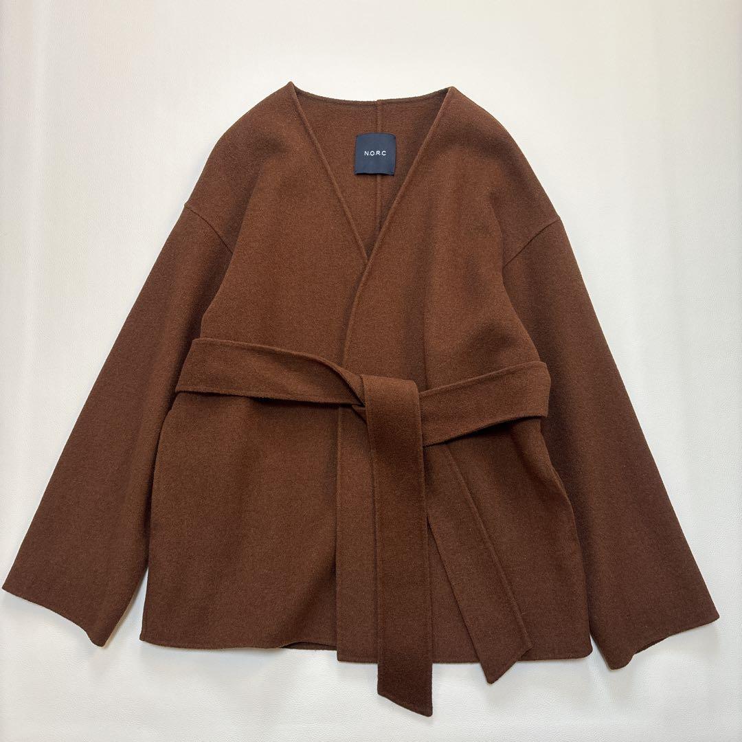 極美品✨N.O.R.C ノーク リバーコート ノーカラー ベルト付 ブラウン M