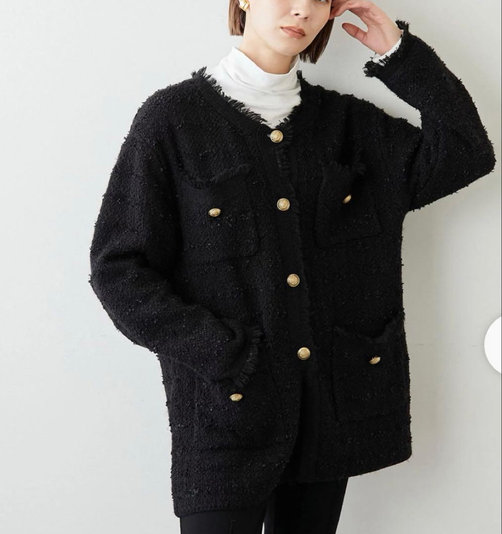 02311 Whim Gazette ツイード　ノーカラージャケット　金ボタン