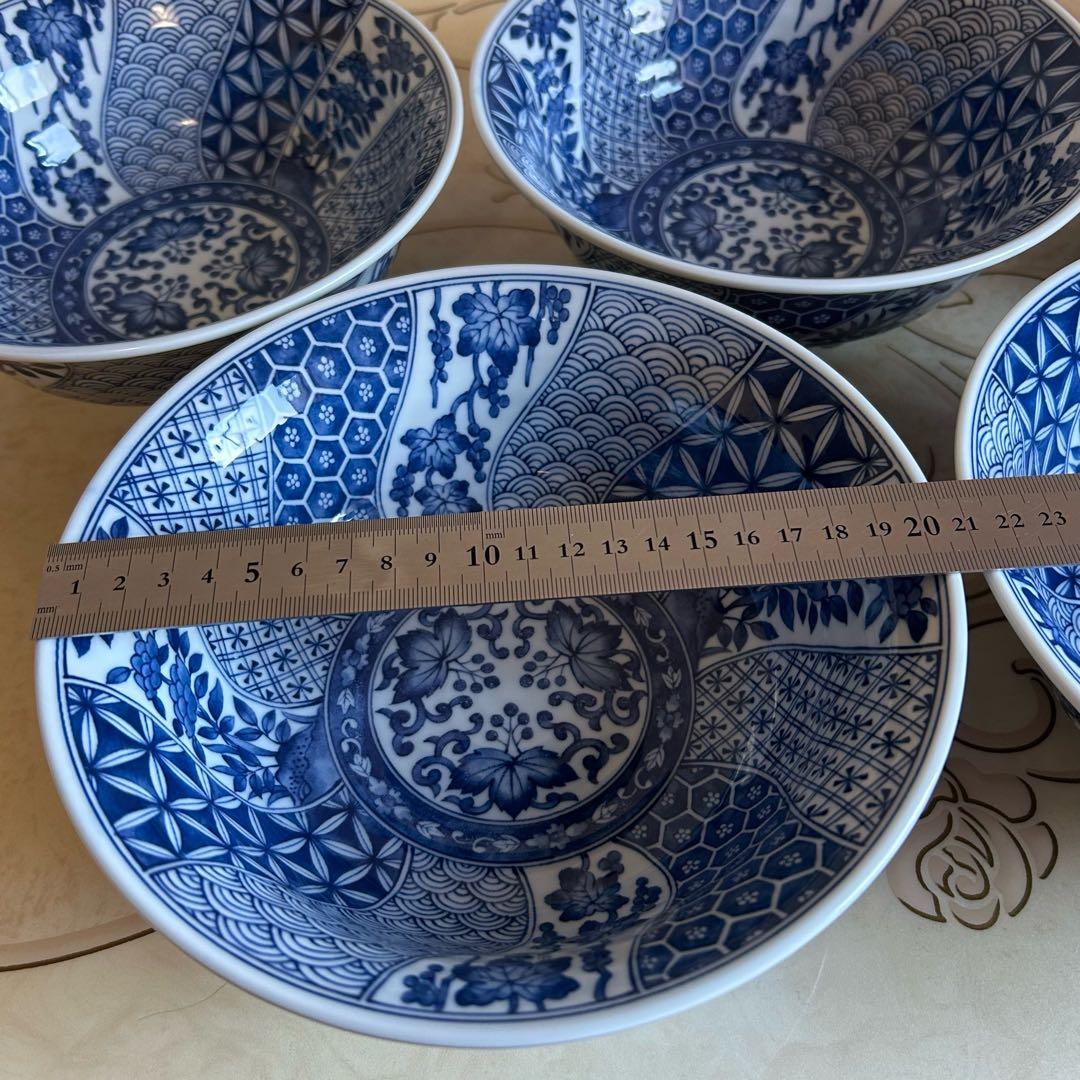 三洋陶器　龍峰窯　染付ネジリ祥瑞　丼ぶり揃　5客セット　ラーメン鉢　どんぶり　鉢