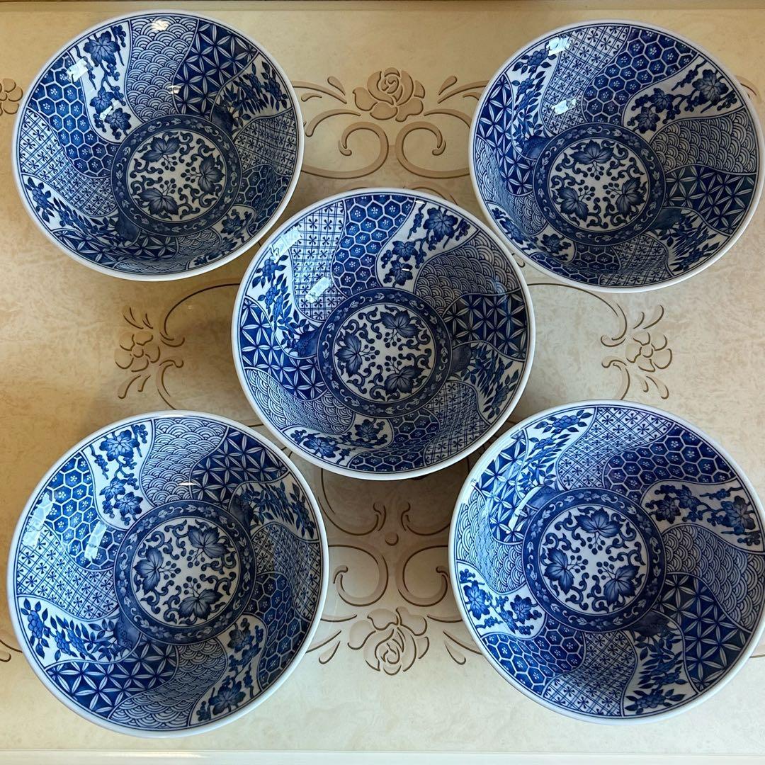 三洋陶器　龍峰窯　染付ネジリ祥瑞　丼ぶり揃　5客セット　ラーメン鉢　どんぶり　鉢