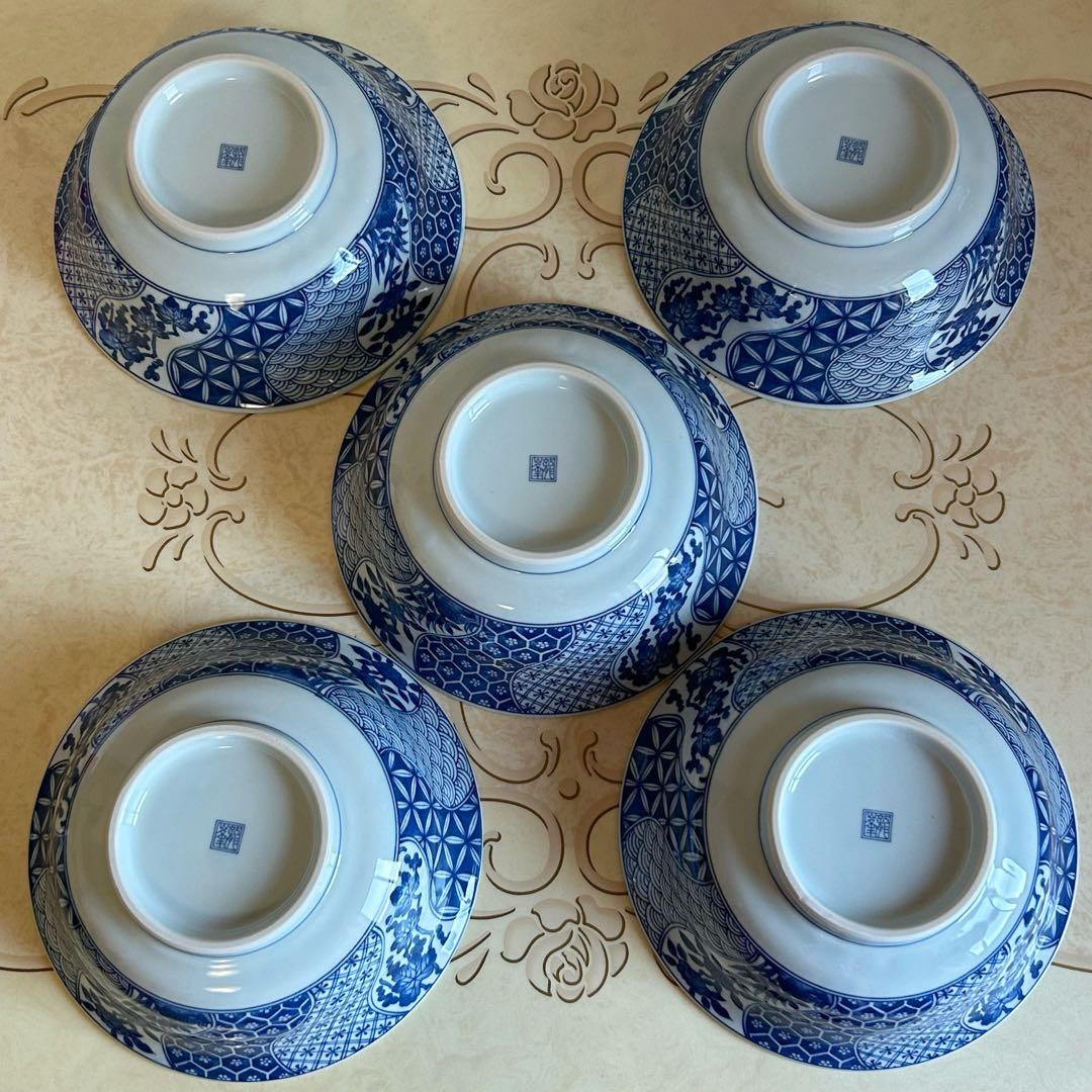 三洋陶器　龍峰窯　染付ネジリ祥瑞　丼ぶり揃　5客セット　ラーメン鉢　どんぶり　鉢