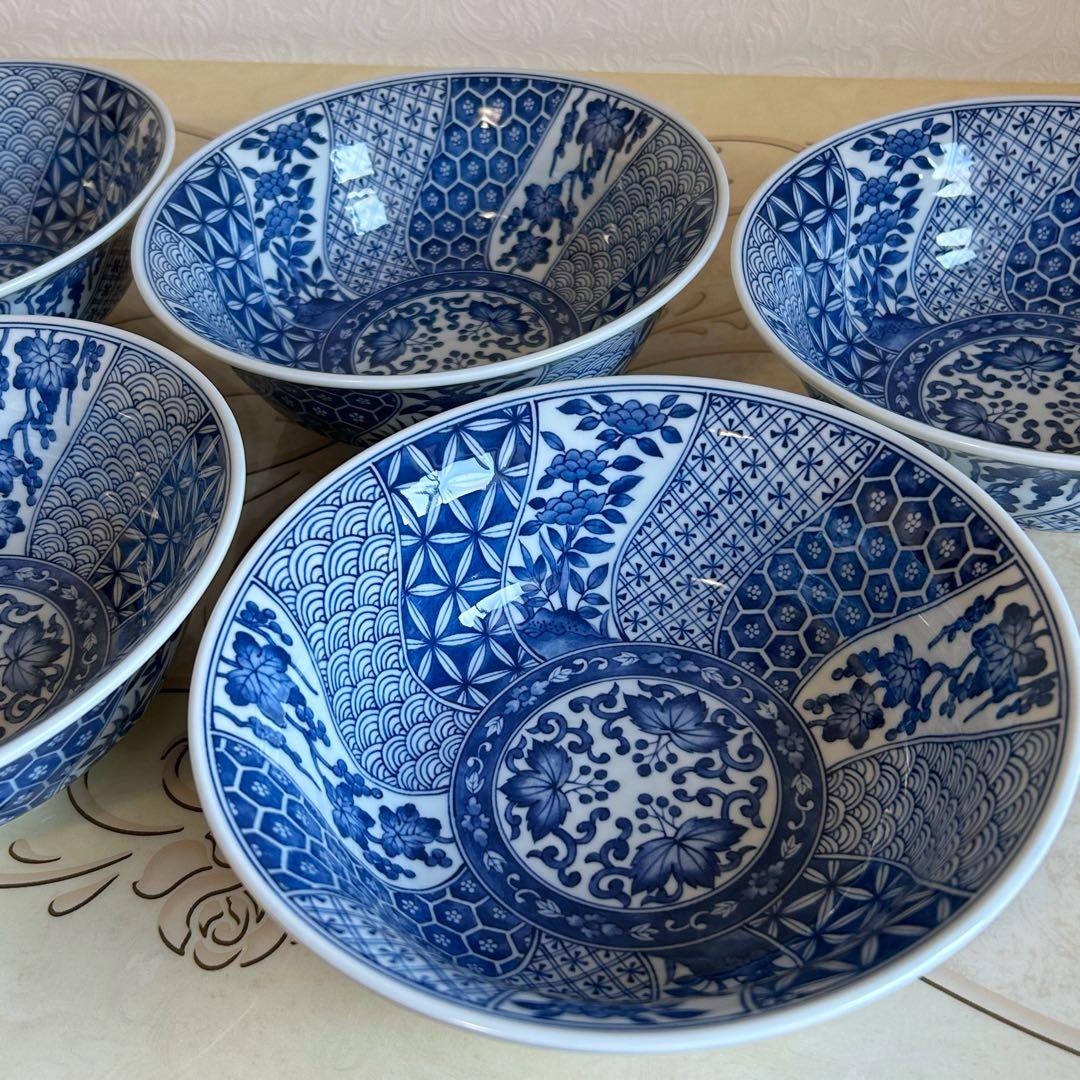 三洋陶器　龍峰窯　染付ネジリ祥瑞　丼ぶり揃　5客セット　ラーメン鉢　どんぶり　鉢