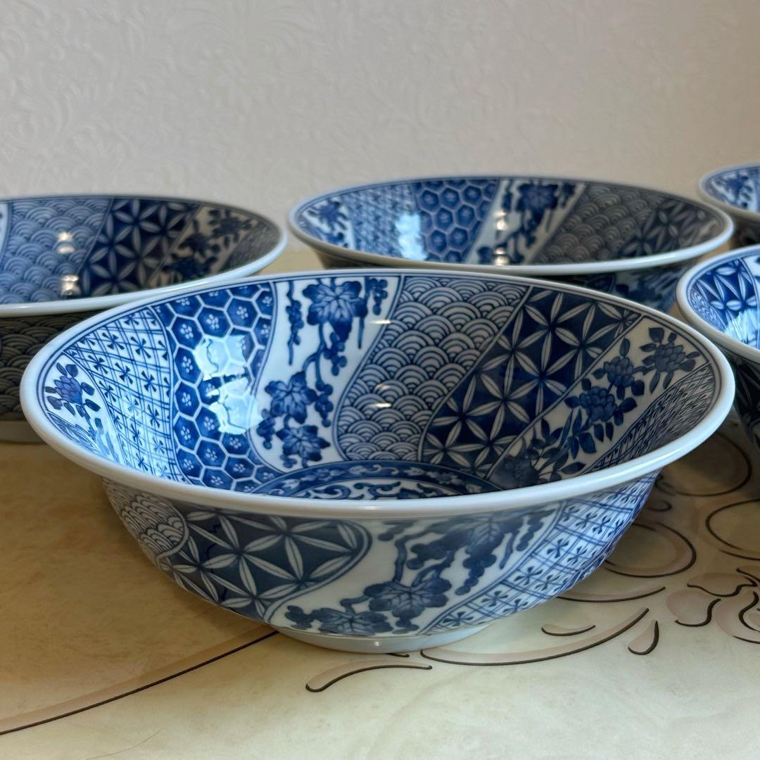 三洋陶器　龍峰窯　染付ネジリ祥瑞　丼ぶり揃　5客セット　ラーメン鉢　どんぶり　鉢