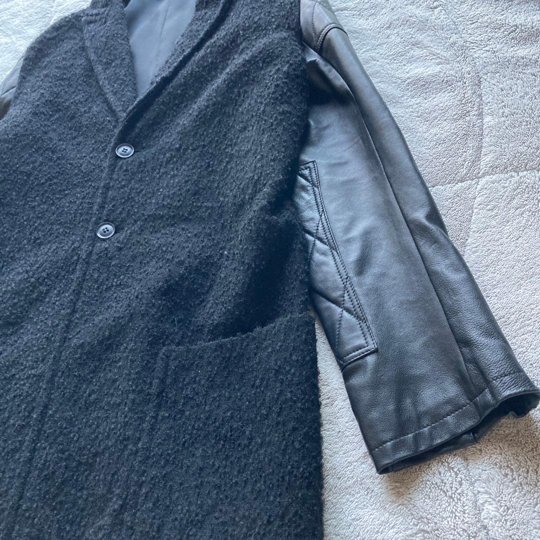 Y's ワイズ　Yohji Yamamoto 袖レザー切り替え　ウールコート