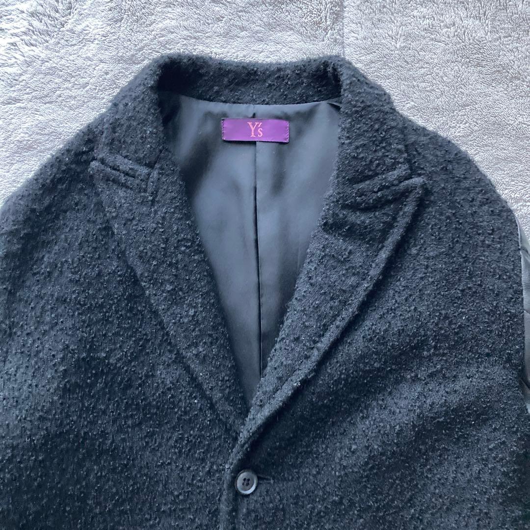 Y's ワイズ　Yohji Yamamoto 袖レザー切り替え　ウールコート