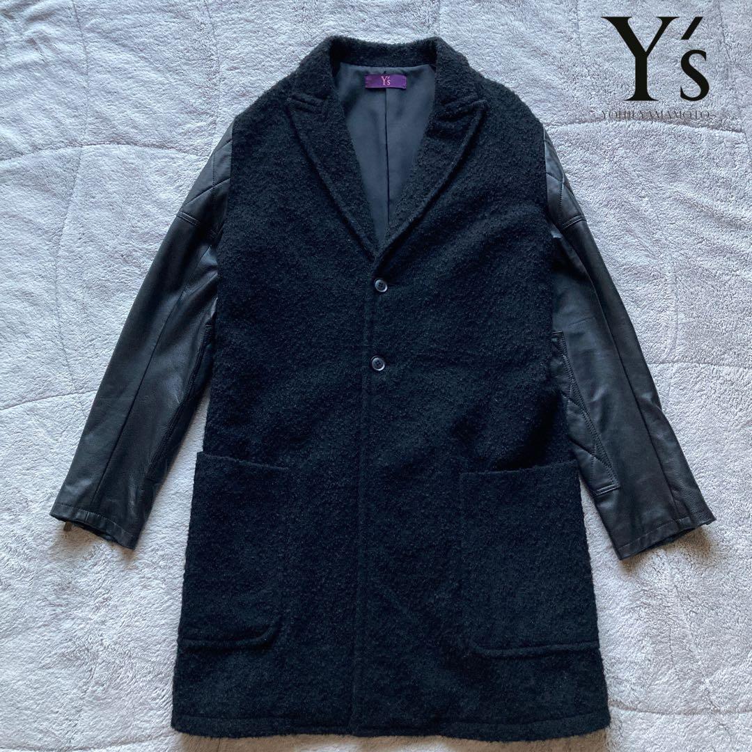 Y's ワイズ　Yohji Yamamoto 袖レザー切り替え　ウールコート