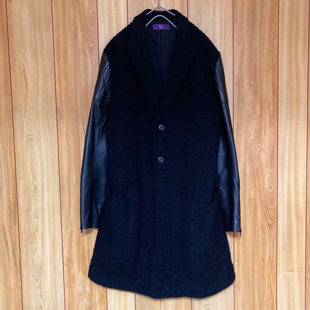Y's ワイズ　Yohji Yamamoto 袖レザー切り替え　ウールコート