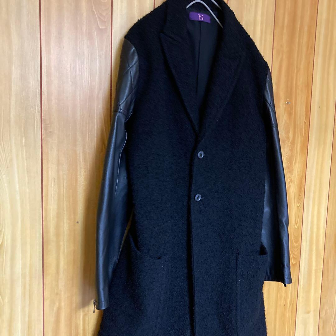 Y's ワイズ　Yohji Yamamoto 袖レザー切り替え　ウールコート