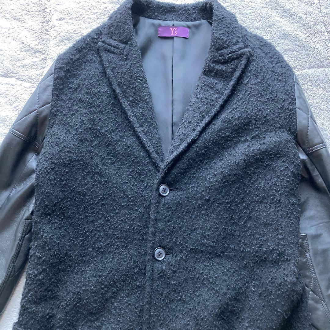 Y's ワイズ　Yohji Yamamoto 袖レザー切り替え　ウールコート