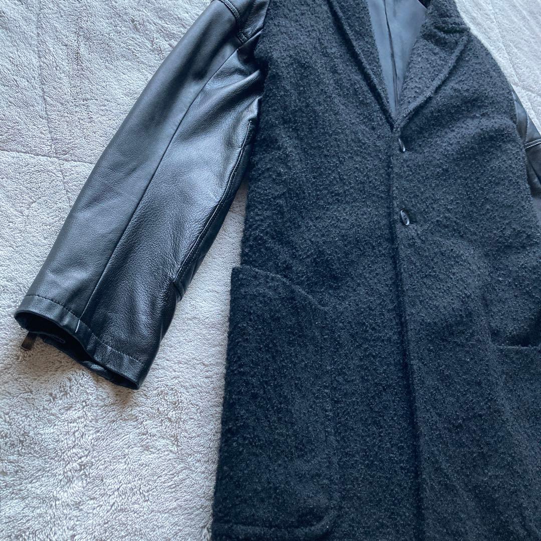 Y's ワイズ　Yohji Yamamoto 袖レザー切り替え　ウールコート