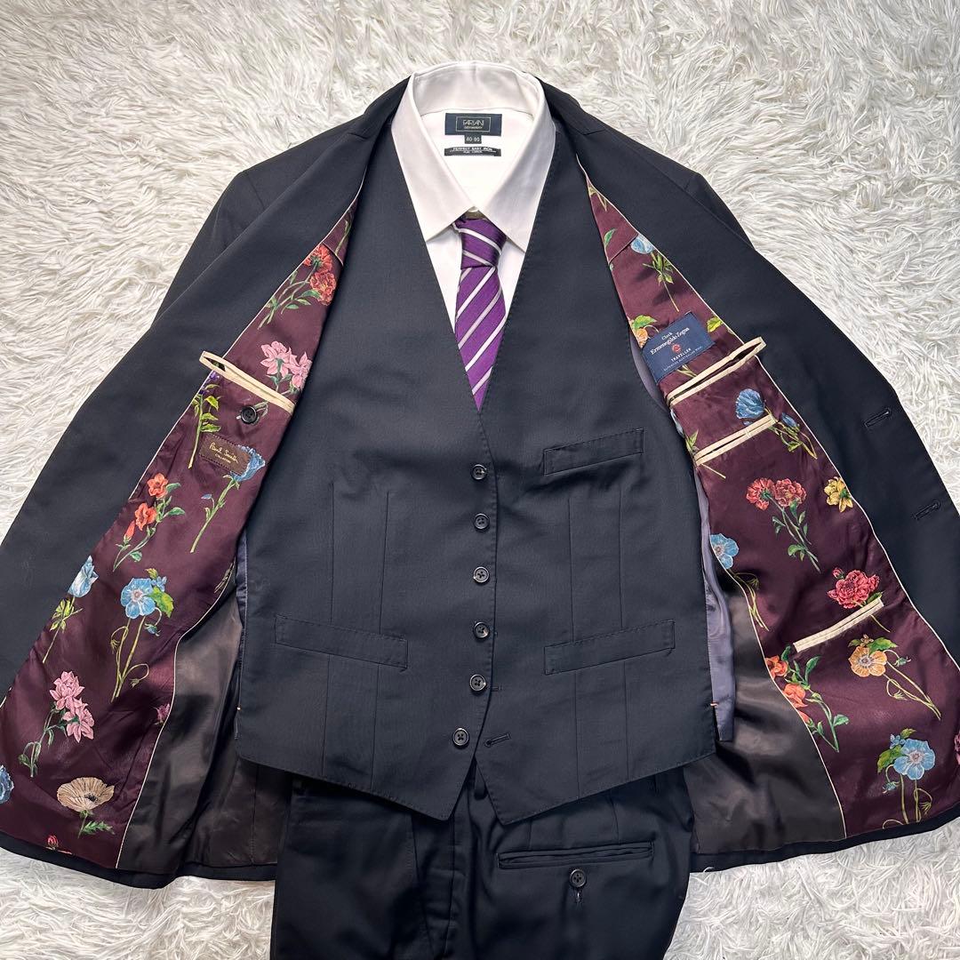 希少 極美品 ポールスミス 薔薇柄 花柄 ゼニア 3ピース セットアップ黒 MX