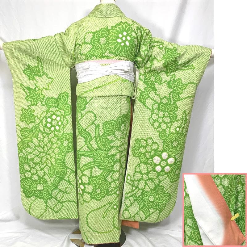 410aj37〇総絞り ジュニア振袖＆袋帯 十三参り 黄緑〇美品