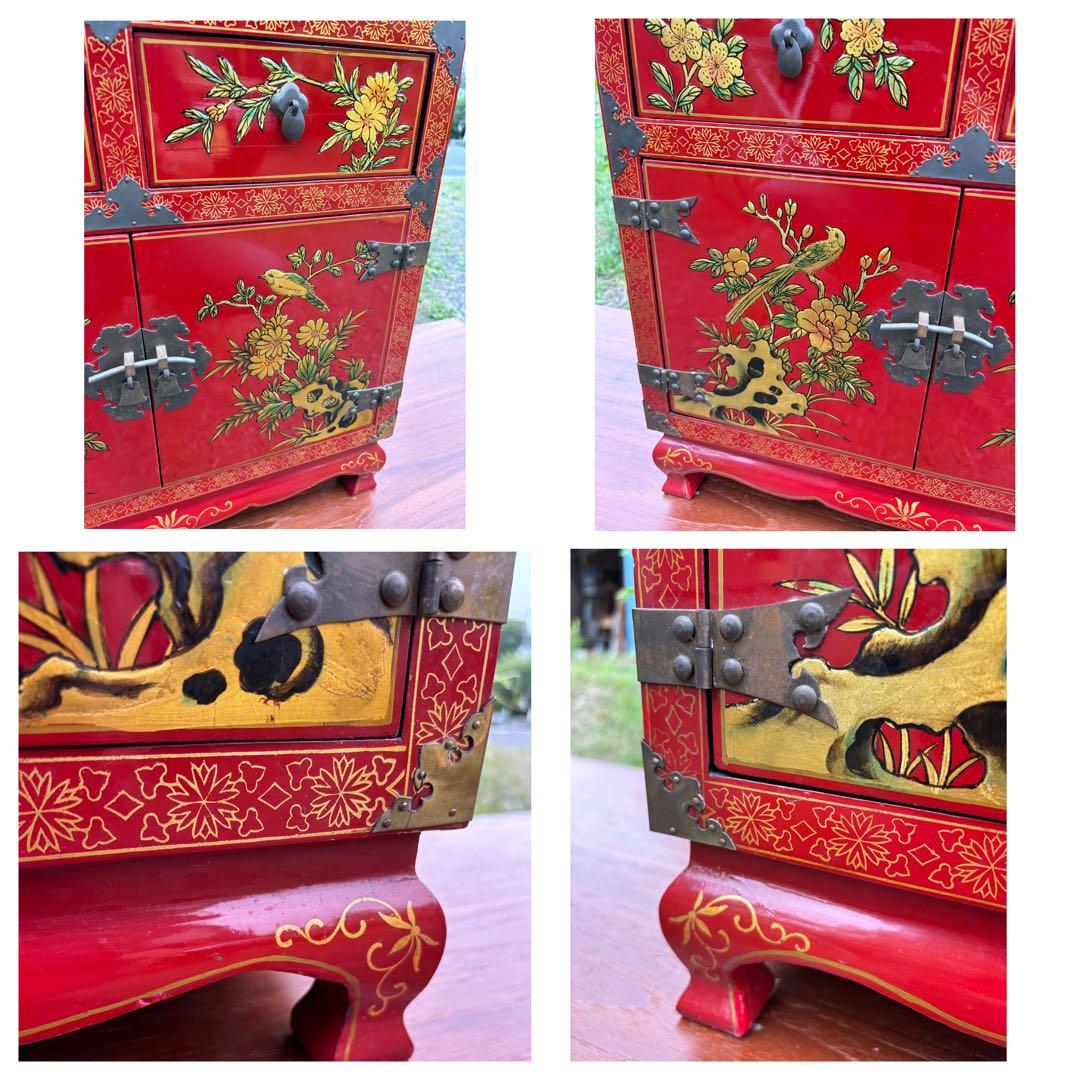 赤い花柄の木製タンス　シノワズリ家具　中国民藝　漆塗り　アンティーク　チェスト