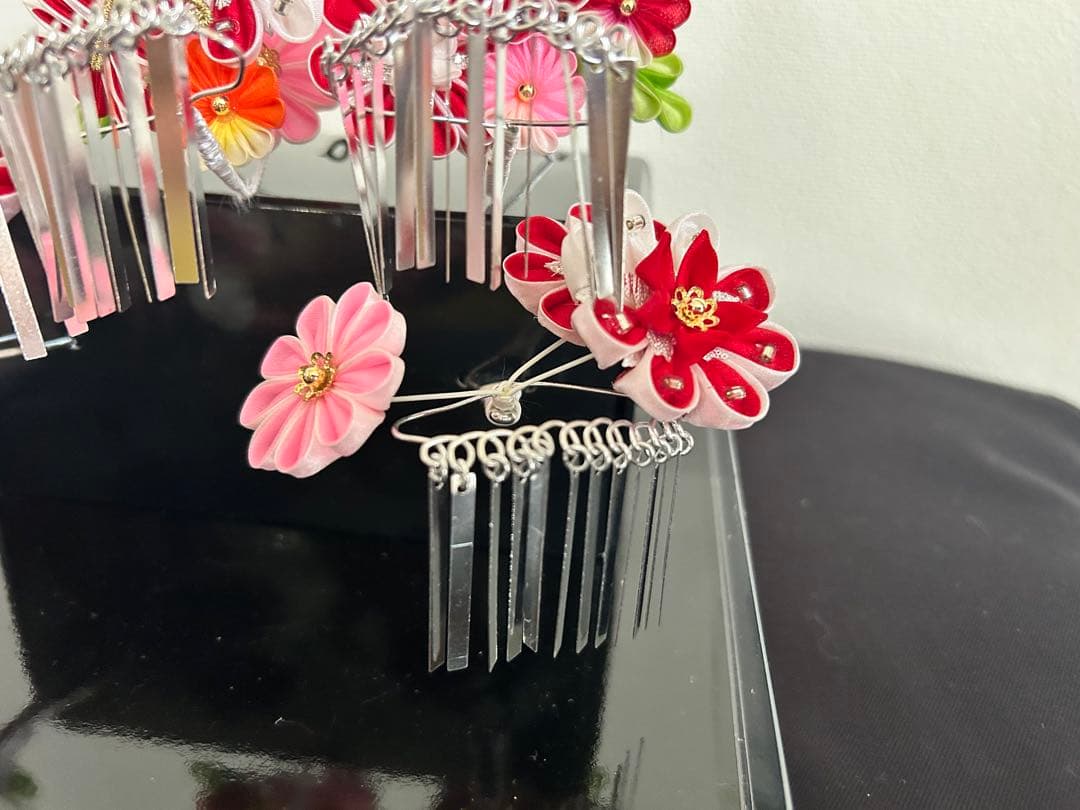 美品【三越】七五三用伝統的髪飾りセット　つまみ細工　銀ビラ　日本髪