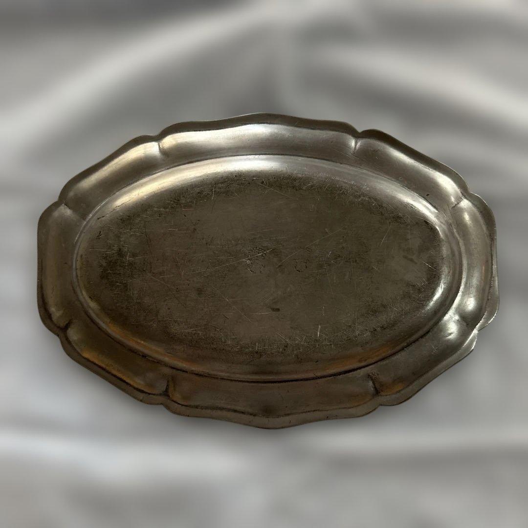 フランスアンティーク 花リム ピューター皿 オーバル