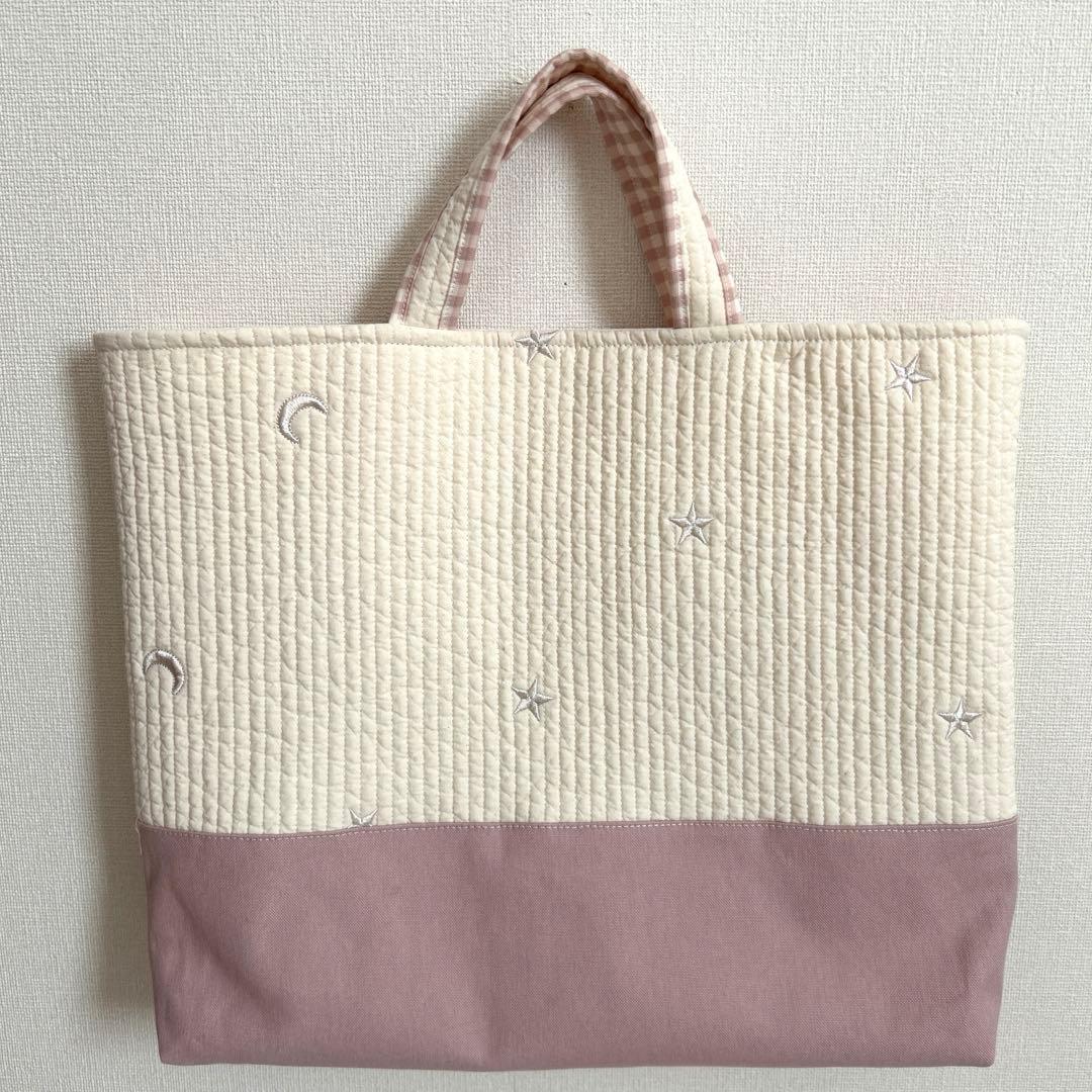 入園入学3点セット　【月と星ヌビ×くすみピンク】　女の子　レッスンバッグ