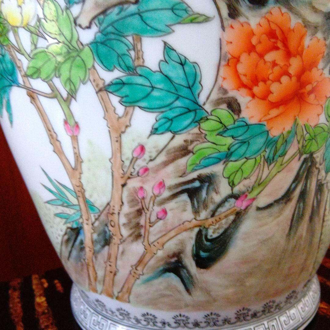 中国景徳鎮製　孔雀牡丹漢詩 大型花瓶