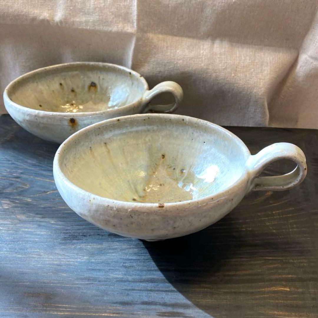 中村哲雄　薄灰　取っ手付きスープカップ 2個セット　作家もの