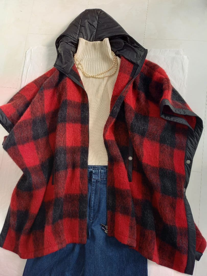 美品　MaxMara チェック柄フード付きポンチョ L