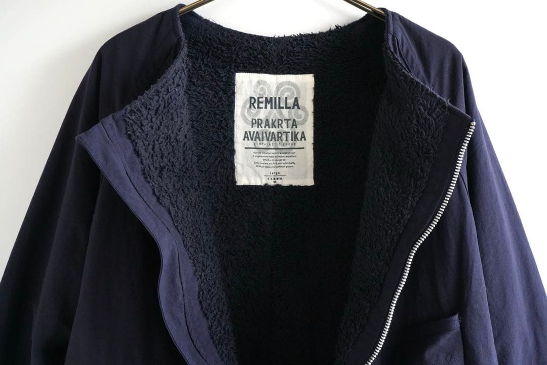 極上品 REMILLA ネイビー ノーカラーフリースボアジャケット　Lサイズ