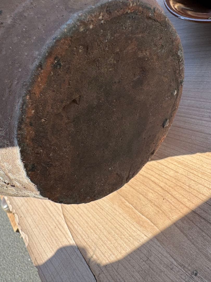 陶器製の茶色い丸型壺　備前焼？古備前？四耳　壺