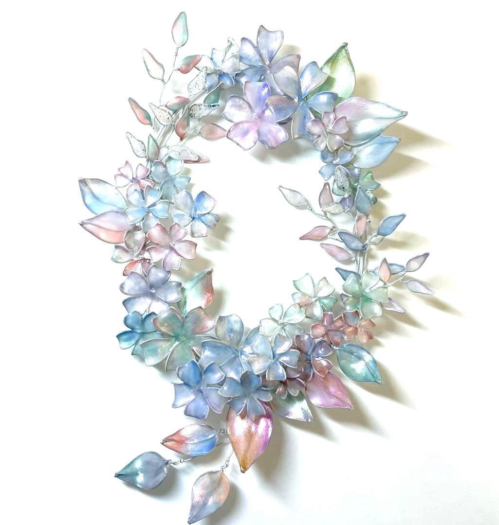 大きなオーロラフラワーリース　ワイヤークラフト　ディップアート　壁飾り　アート
