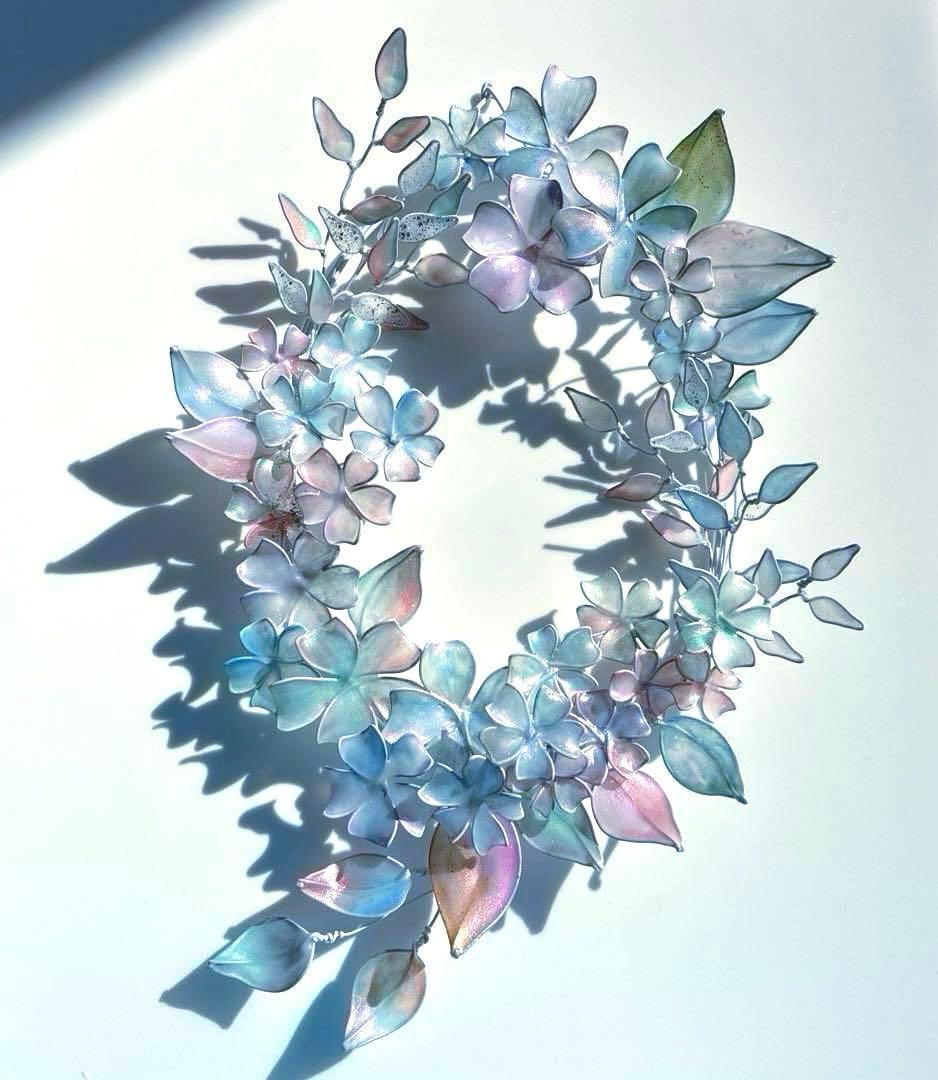 大きなオーロラフラワーリース　ワイヤークラフト　ディップアート　壁飾り　アート