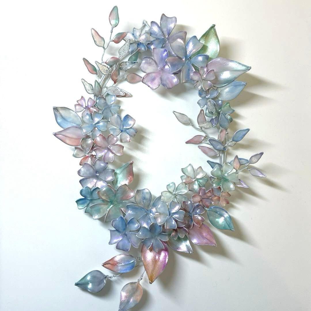 大きなオーロラフラワーリース　ワイヤークラフト　ディップアート　壁飾り　アート