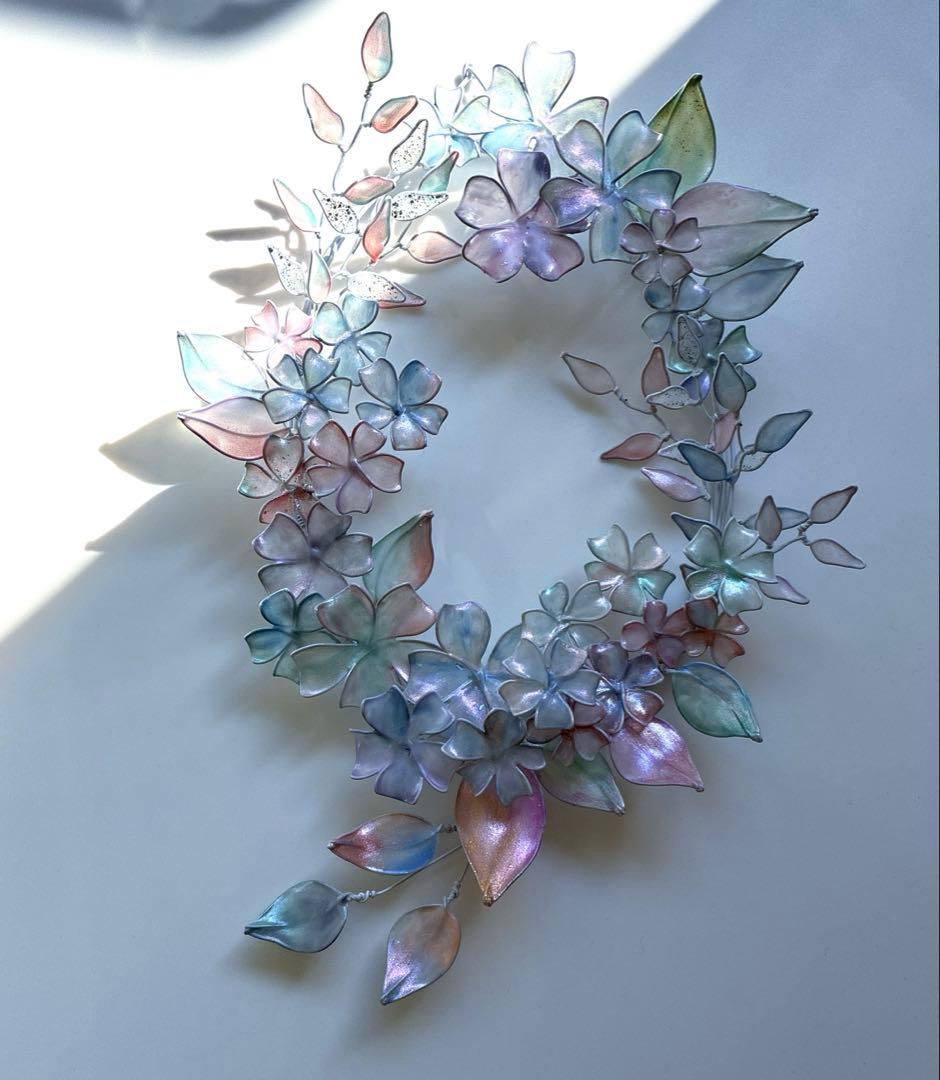大きなオーロラフラワーリース　ワイヤークラフト　ディップアート　壁飾り　アート