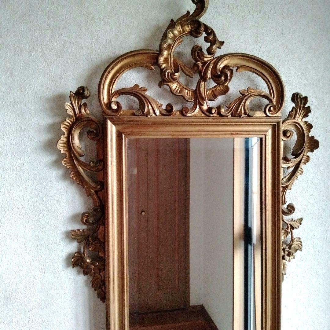 装飾的ゴールドフレーム壁掛け鏡　金色　アンティーク　ロココ調　イタリア製