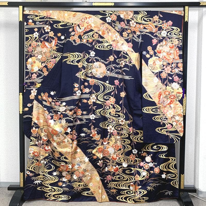 511z40,510u18,411y5,小物類〇振袖 金彩 金駒刺繍 濃紺色