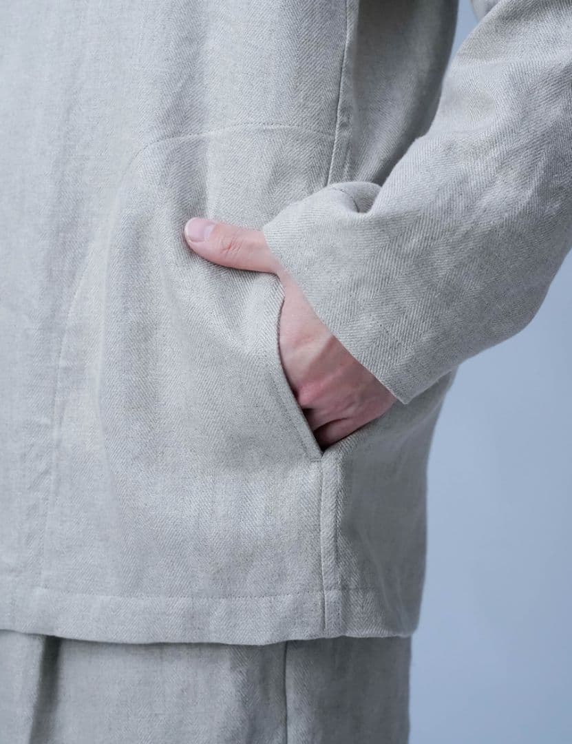 wafu ヘリンボーン織りリネン　ノーカラージャケット