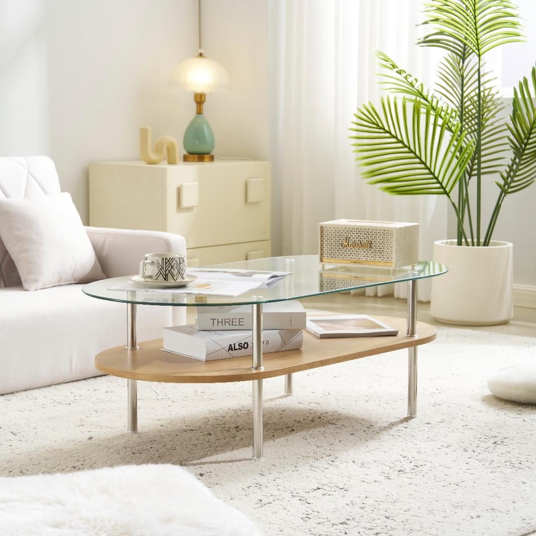 センターテーブル ローテーブル 組立て簡単 二段収納 強化ガラス 収納付