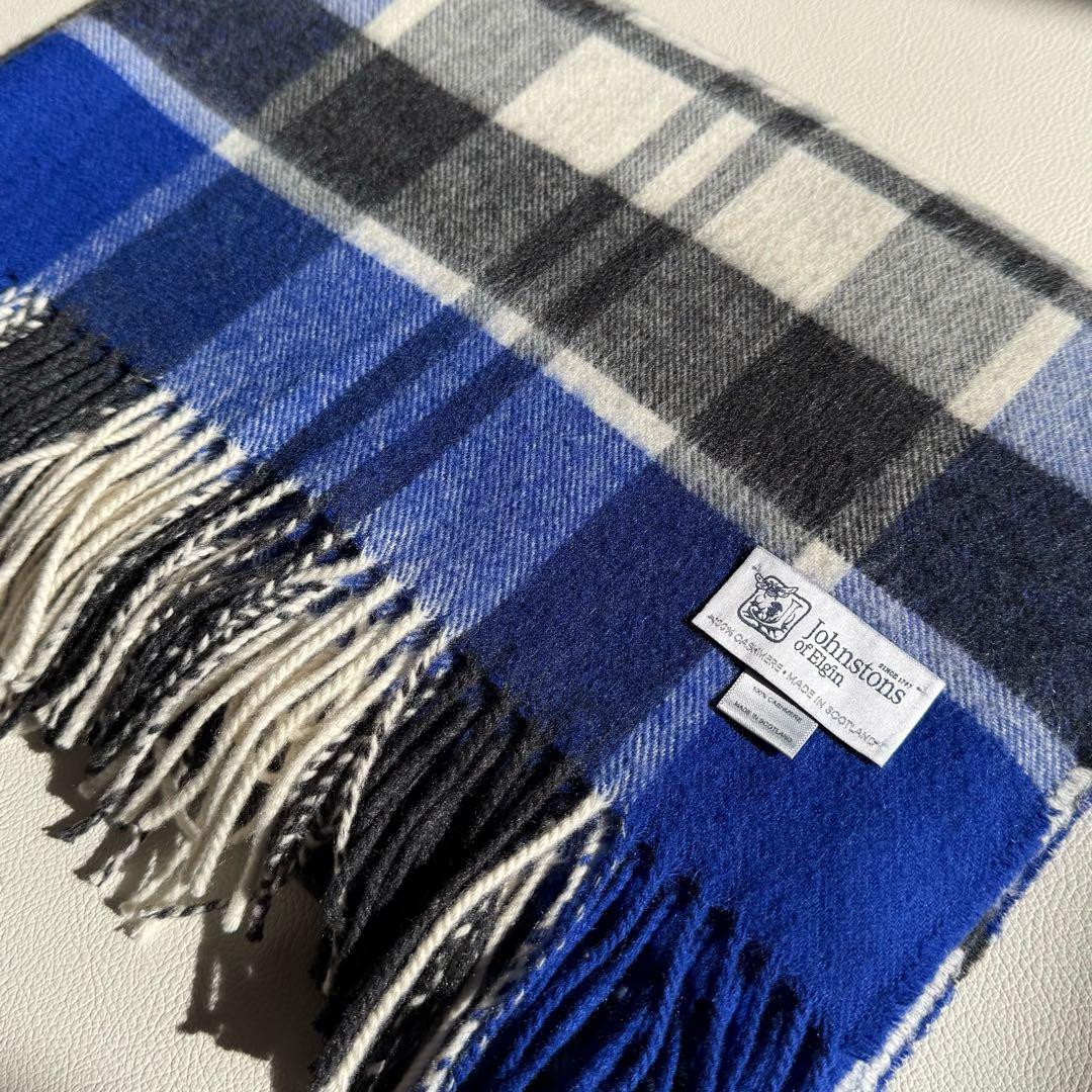 美品　ジョンストンズ　大判　ストール　マフラー　カシミヤ　ブルー　チェック