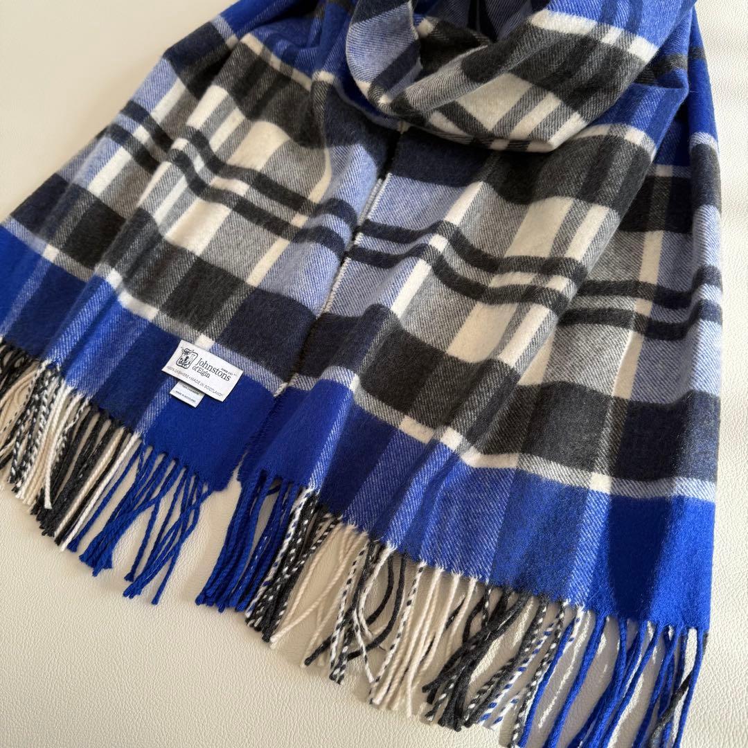 美品　ジョンストンズ　大判　ストール　マフラー　カシミヤ　ブルー　チェック