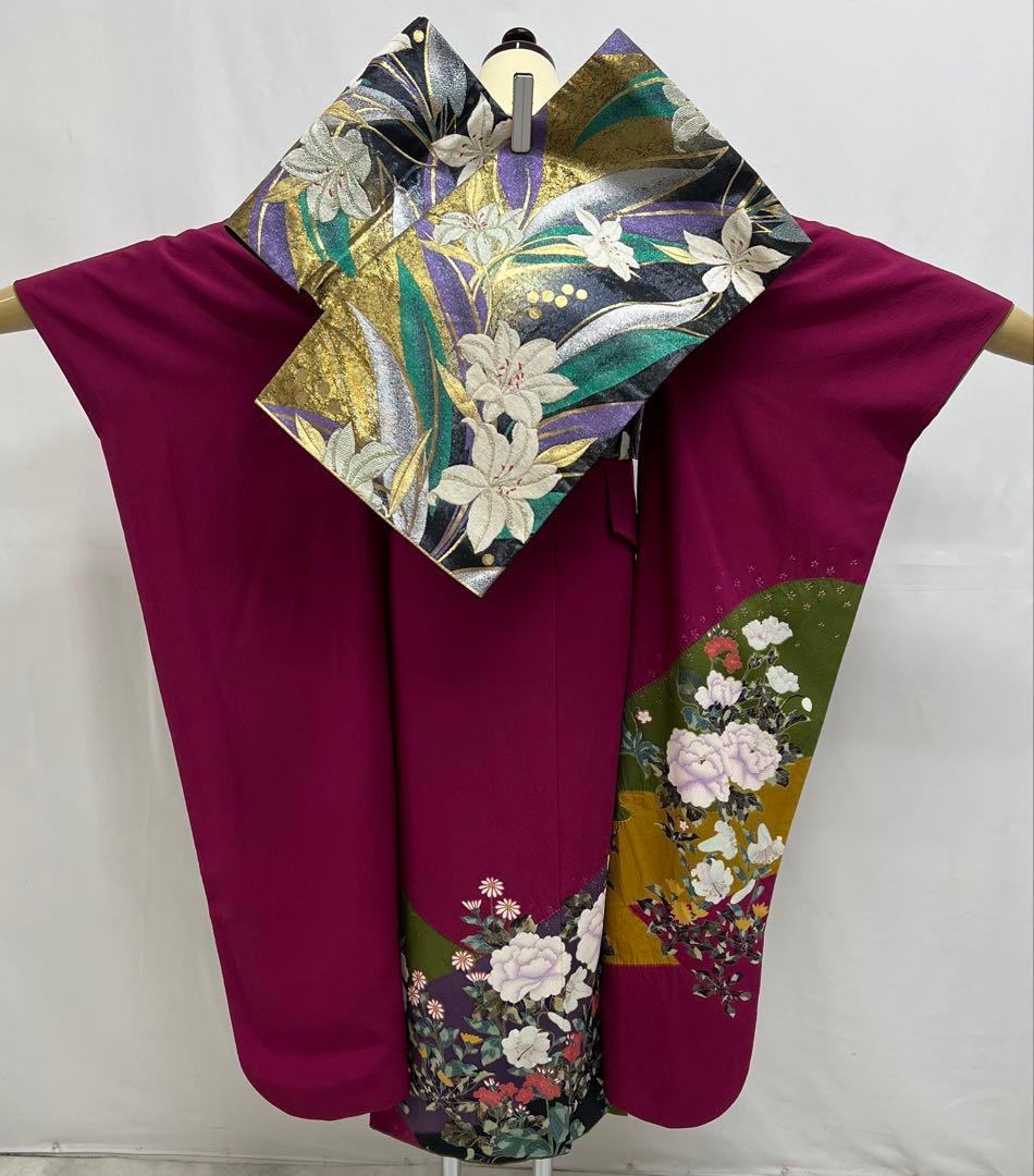 振り袖　フルセット　長襦袢　金彩加工　成人式　草花　作家物　ガード加工　676