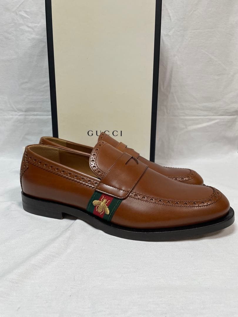2D110 GUCCI グッチ レザーローファー ライトブラウン 26.0cm