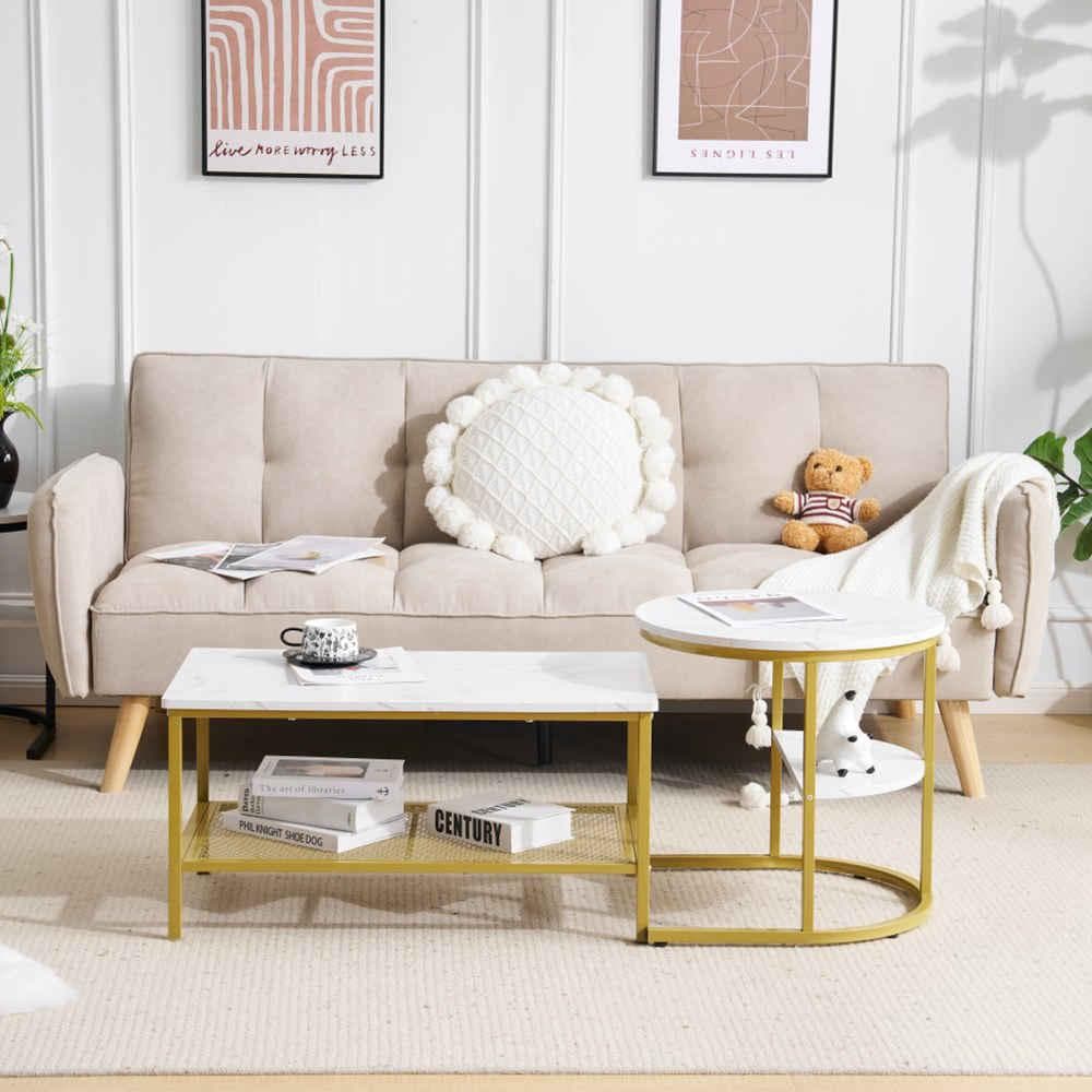 超人気！北欧大理石調 ネストテーブル 2点セット1台3役【ホワイト＋ゴールド】