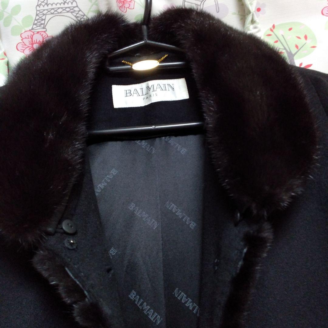 BALMAIN 黒 ロングコート カシミヤ100%フォックスファー襟