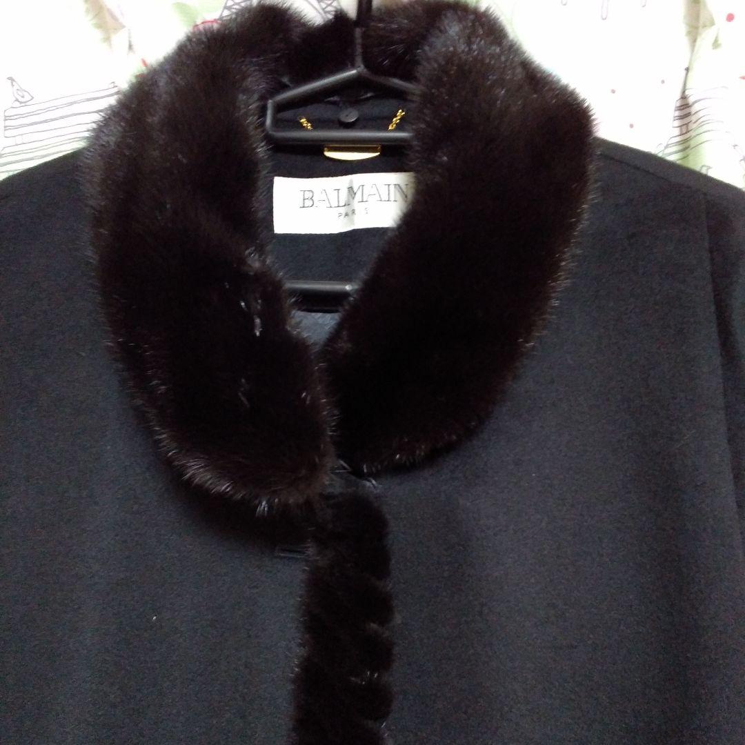 BALMAIN 黒 ロングコート カシミヤ100%フォックスファー襟