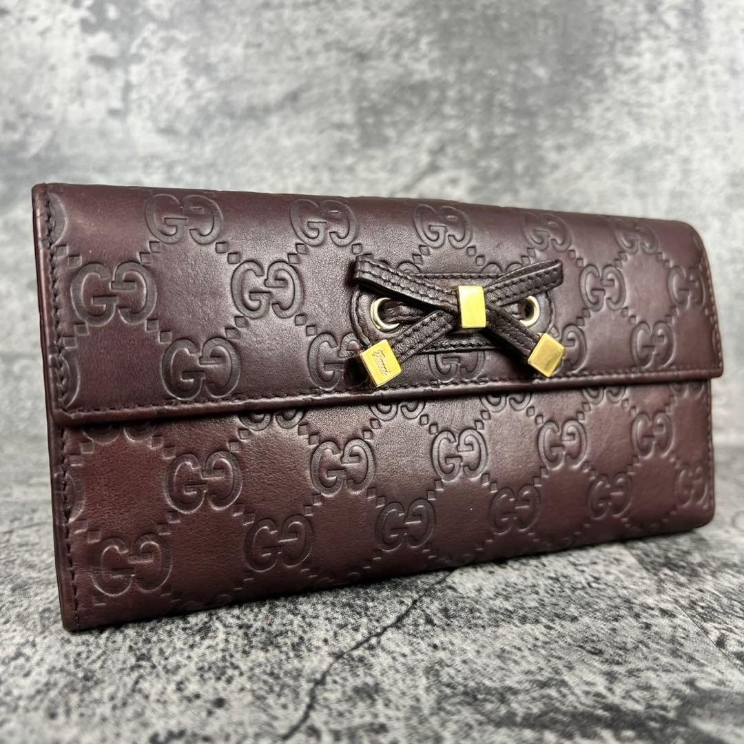 GUCCI GGシマ レザー リボン 二つ折り長財布 ブラウン Wホック