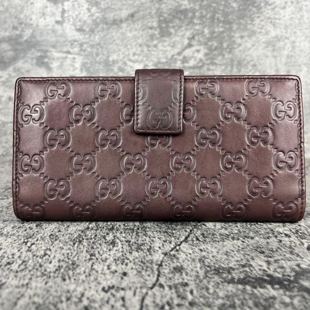 GUCCI GGシマ レザー リボン 二つ折り長財布 ブラウン Wホック
