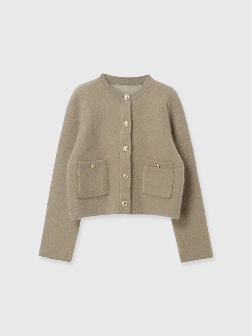 anuans ベージュ長袖カーディガンカシミヤブレンドノーカラーニットジャケット