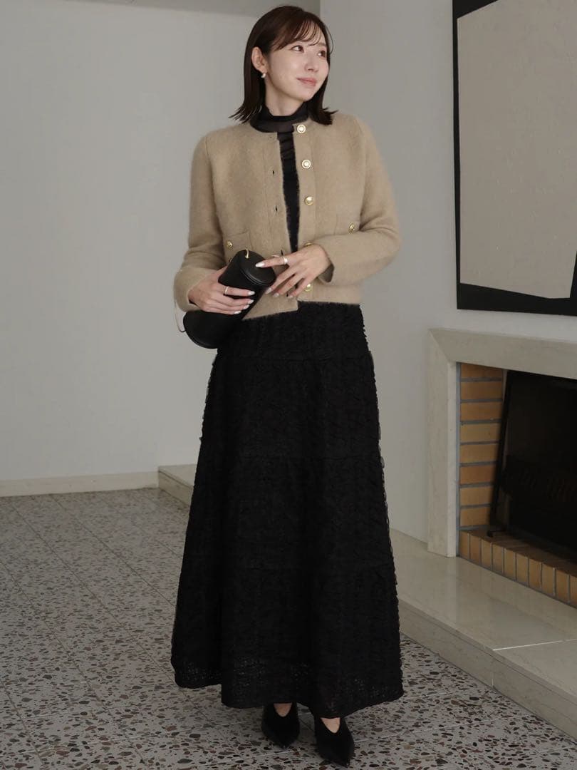 anuans ベージュ長袖カーディガンカシミヤブレンドノーカラーニットジャケット