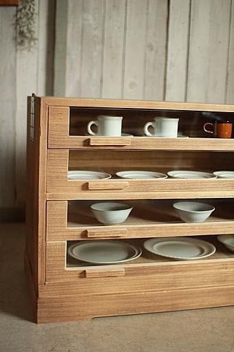 古い前面ガラスの引き出し4段　カトラリー収納　食器棚　収納棚　古家具