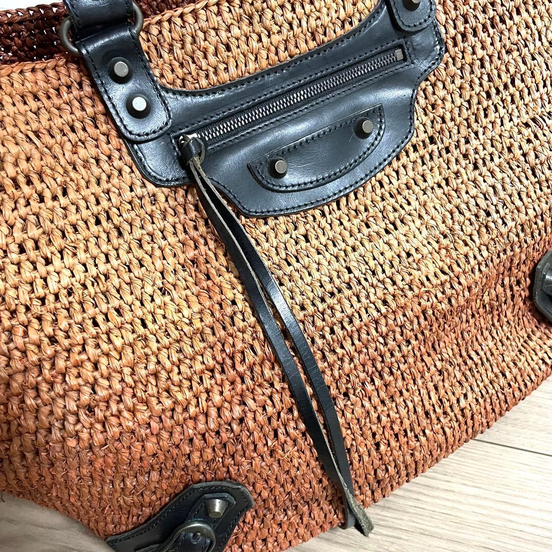 バレンシアガ　カゴバッグ　トートバッグ　ラフィア　シティ　ミラー　編み込み